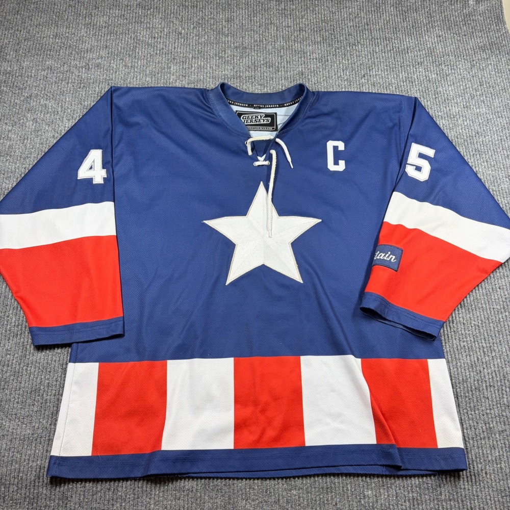 Geeky Jerseys Donald Trump 45 Captain America Hockey Jersey Mens 2XL Blue Red